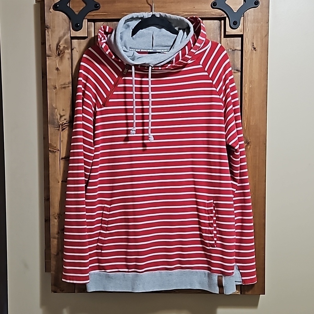 Ampersand Avenue Double Hood Striped Red White Grey Cotton Unisex Hoodie XXL